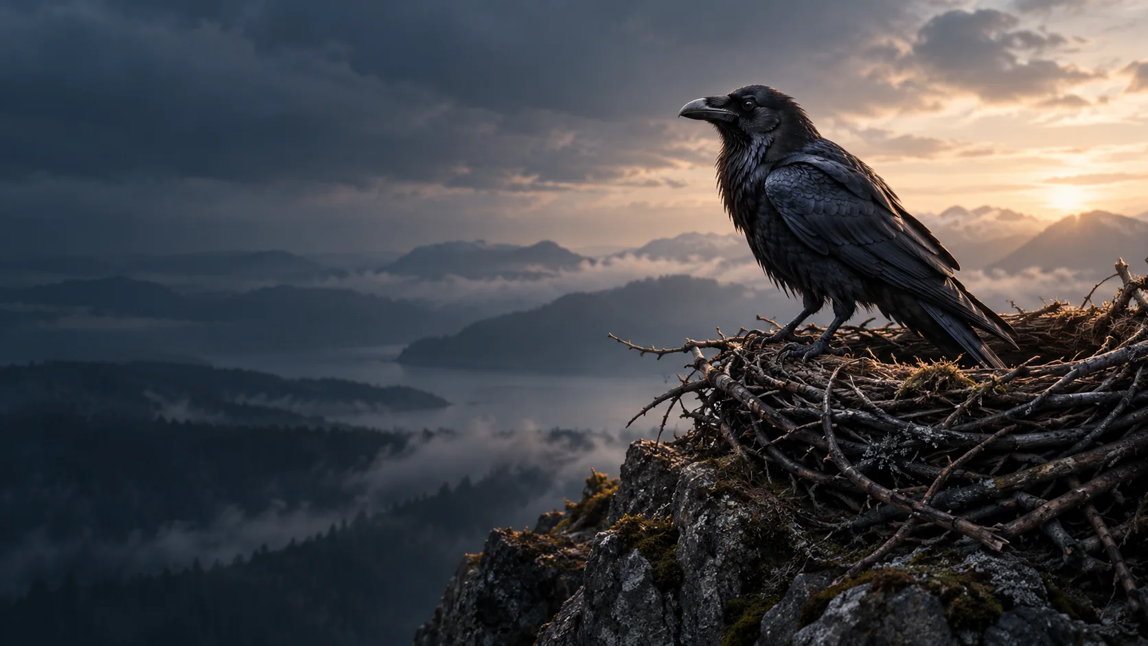 raven ยืนอยู่ที่รังท่ามกลางแสงรุ่งเช้า